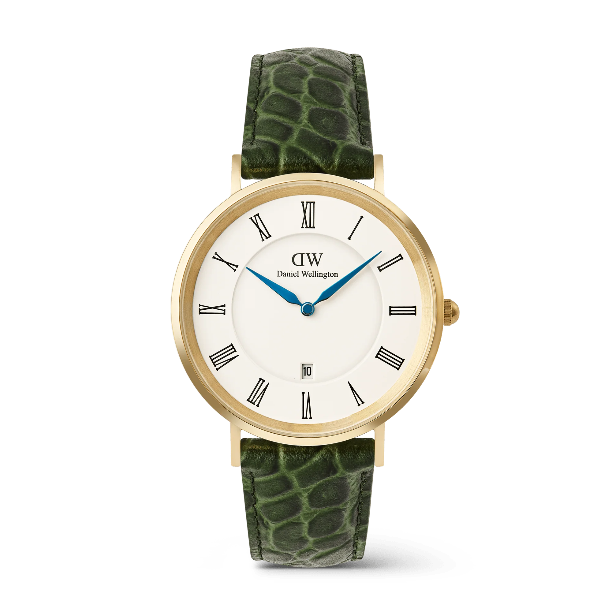 Classic Roman Numerals Date Dark Green Croc Belly Gold